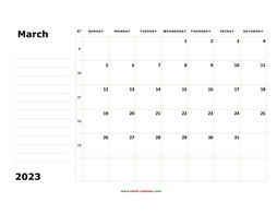 Printable March 2023 Calendar, large box, Federal Holidays listed, space for notes (horizontal)