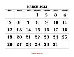 Printable March 2023 Calendar, large font design , holidays on red (horizontal)