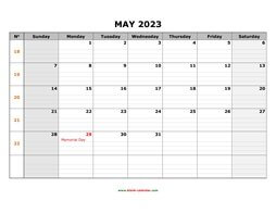 Printable May 2023 Calendar, large box grid, space for notes (horizontal)