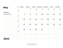 Printable May 2023 Calendar, large box, Federal Holidays listed, space for notes (horizontal)