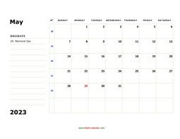 printable may calendar 2023 large box space notes