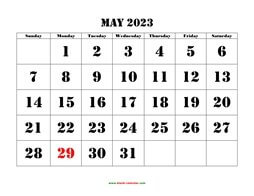 Printable May 2023 Calendar, large font design , holidays on red (horizontal)