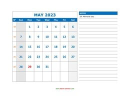 Printable May 2023 Calendar, large space for appointment and notes (horizontal)