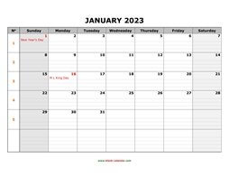 Printable Calendar 2023, large box grid, space for notes (one month per page, horizontal)