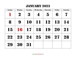 Printable Calendar 2023, large font design , holidays on red (one month per page, horizontal)