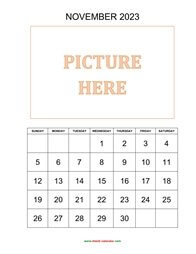 Printable November 2023 Calendar, pictures can be placed at the top (vertical)