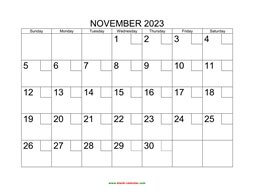 Printable November 2023 Calendar with check boxes (horizontal)