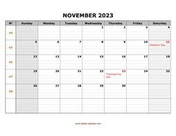 Printable November 2023 Calendar, large box grid, space for notes (horizontal)