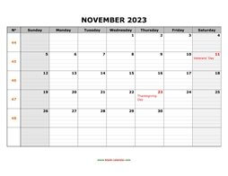 printable november 2023 calendar large box grid, space for notes