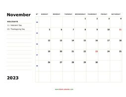 printable november 2023 calendar, large box, space for notes