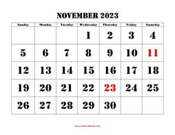 Printable November 2023 Calendar, large font design , holidays on red (horizontal)
