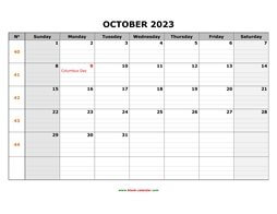 printable october 2023 calendar large box grid, space for notes