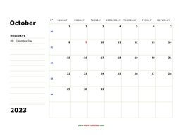 printable october calendar 2023 large box space notes