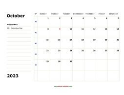 printable october 2023 calendar, large box, space for notes