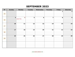Printable September 2023 Calendar, large box grid, space for notes (horizontal)