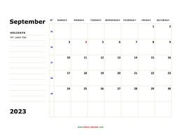 Printable September 2023 Calendar, large box, Federal Holidays listed, space for notes (horizontal)