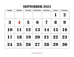 Printable September 2023 Calendar, large font design , holidays on red (horizontal)