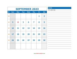 Printable September 2023 Calendar, large space for appointment and notes (horizontal)