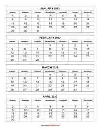 Printable Calendar 2023, 4 months per page, 3 pages (vertical)