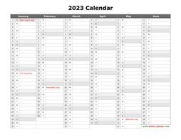 Printable Calendar 2023, month in a column (two pages, half a year per page, horizontal)