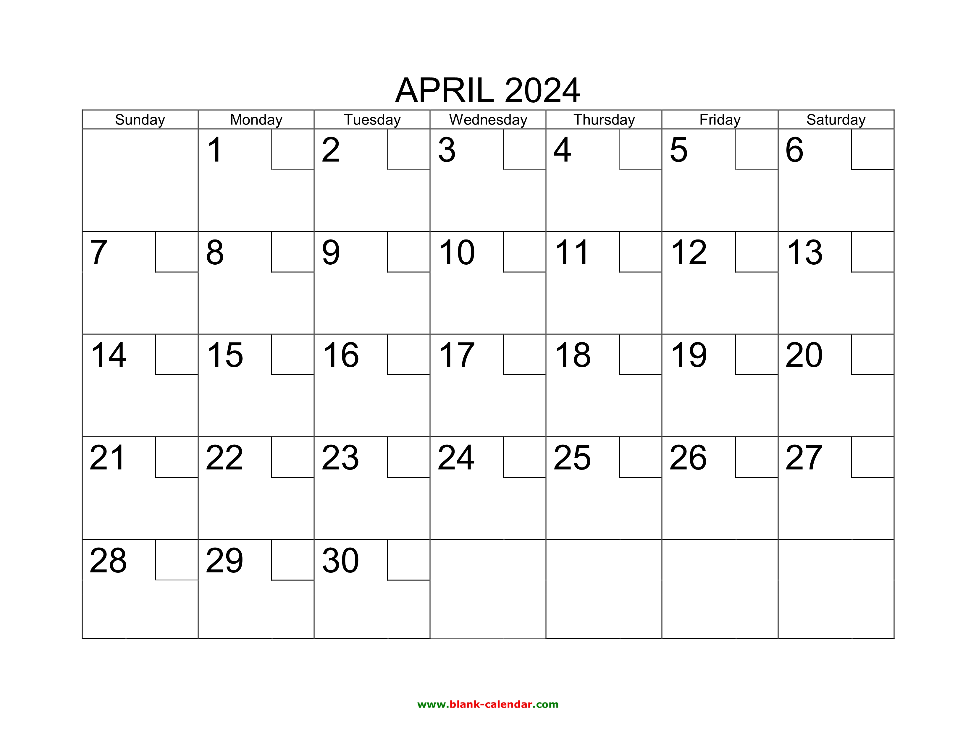 Free Download Printable April 2024 Calendar with check boxes