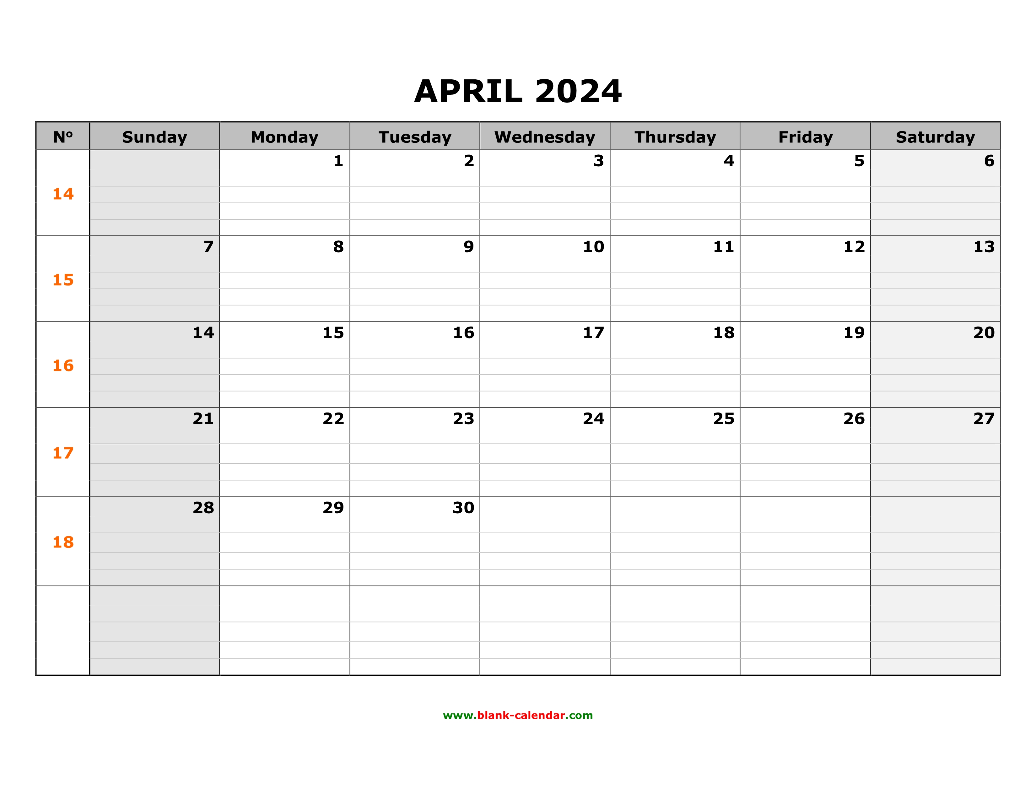 Free Download Printable April 2024 Calendar, large box grid, space for