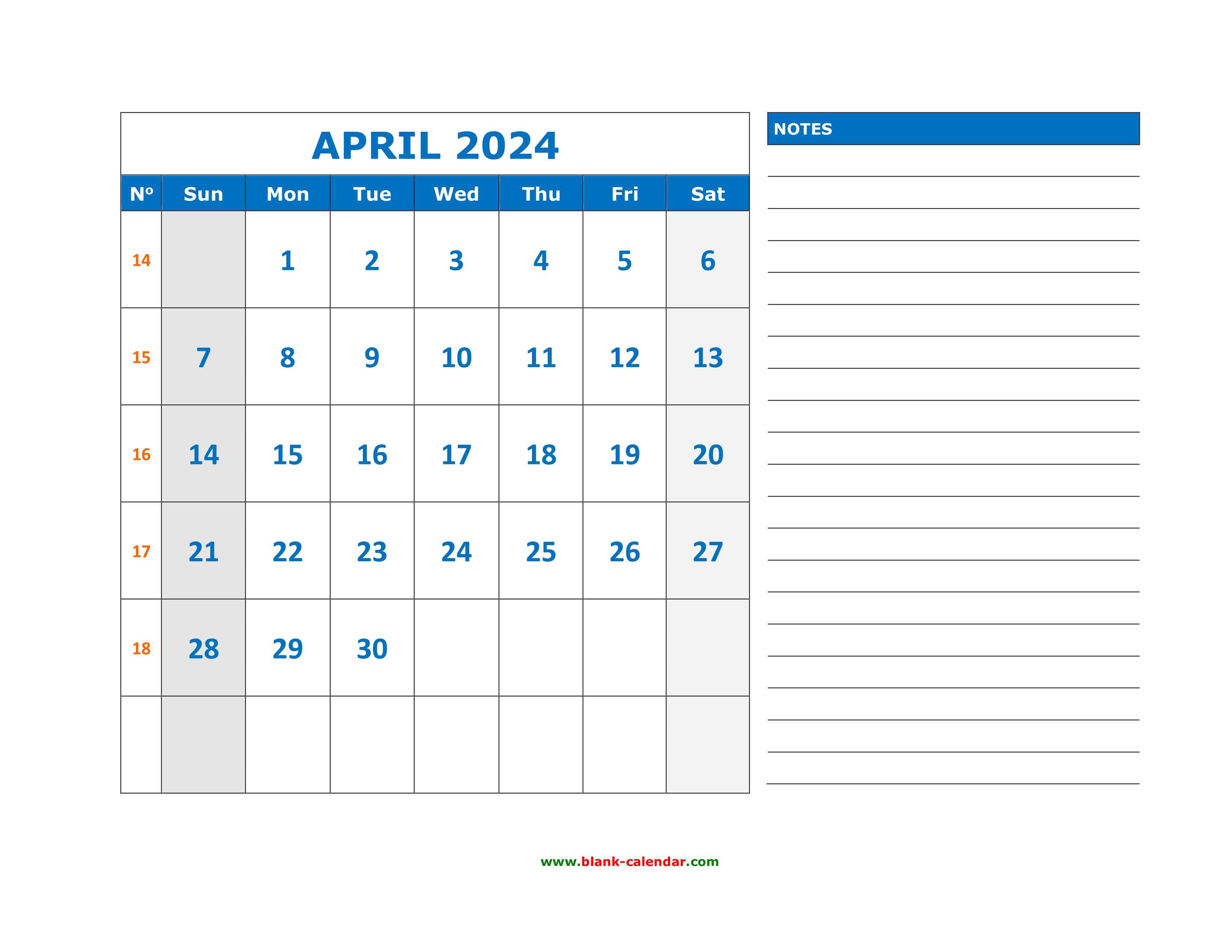 Free Download Printable April 2024 Calendar, large space for