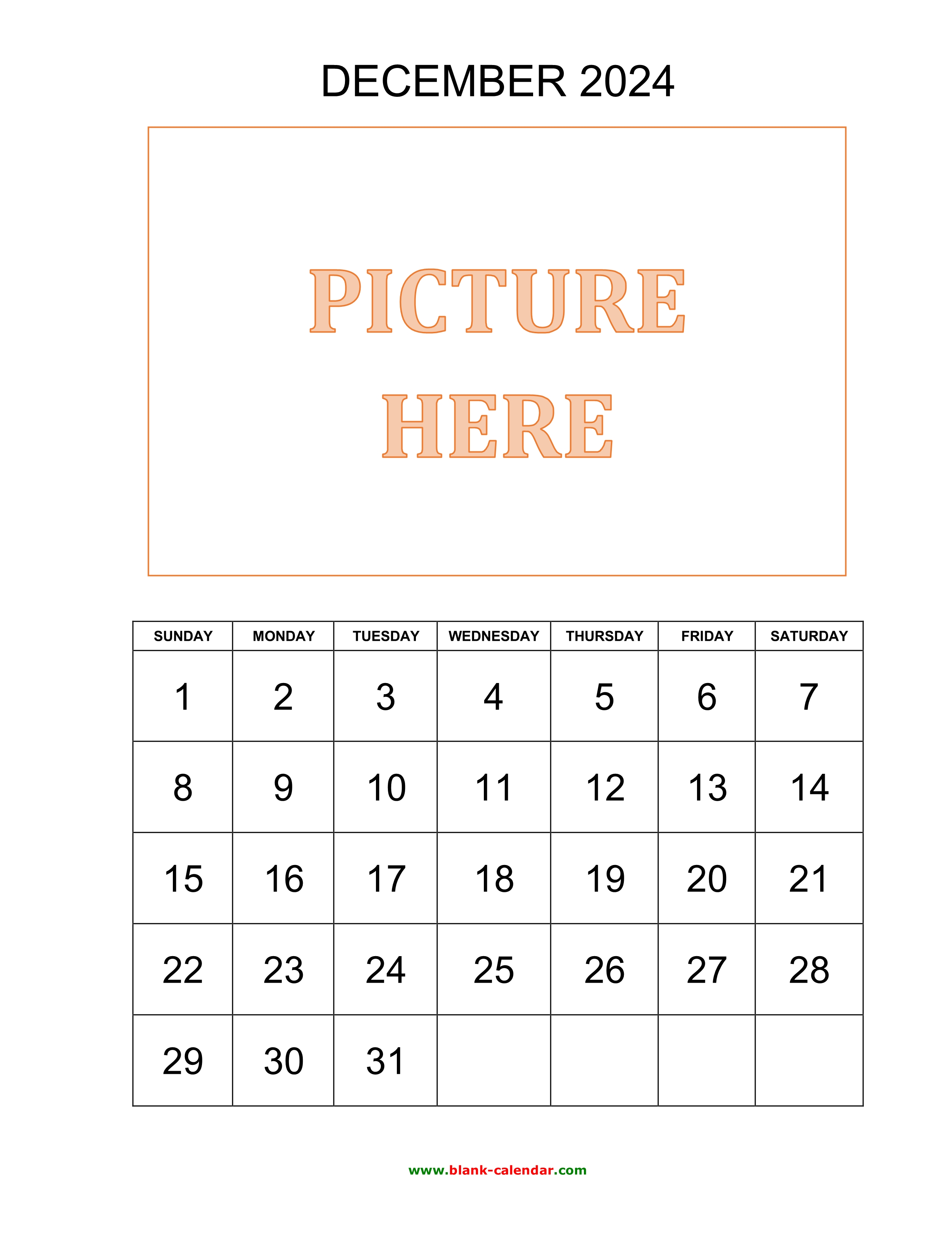 Free Download Printable December 2024 Calendar, pictures can be placed