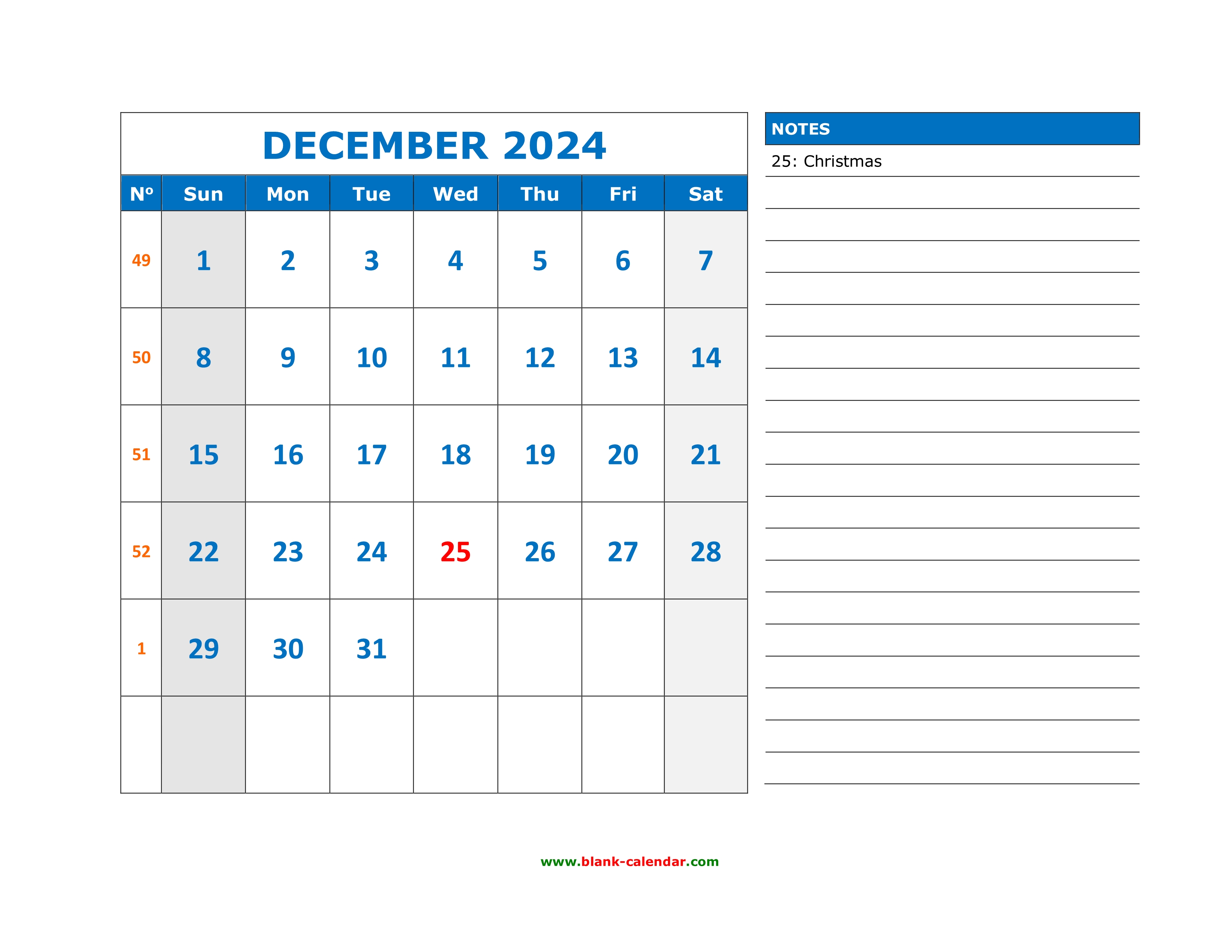 Free Download Printable December 2024 Calendar, large space for