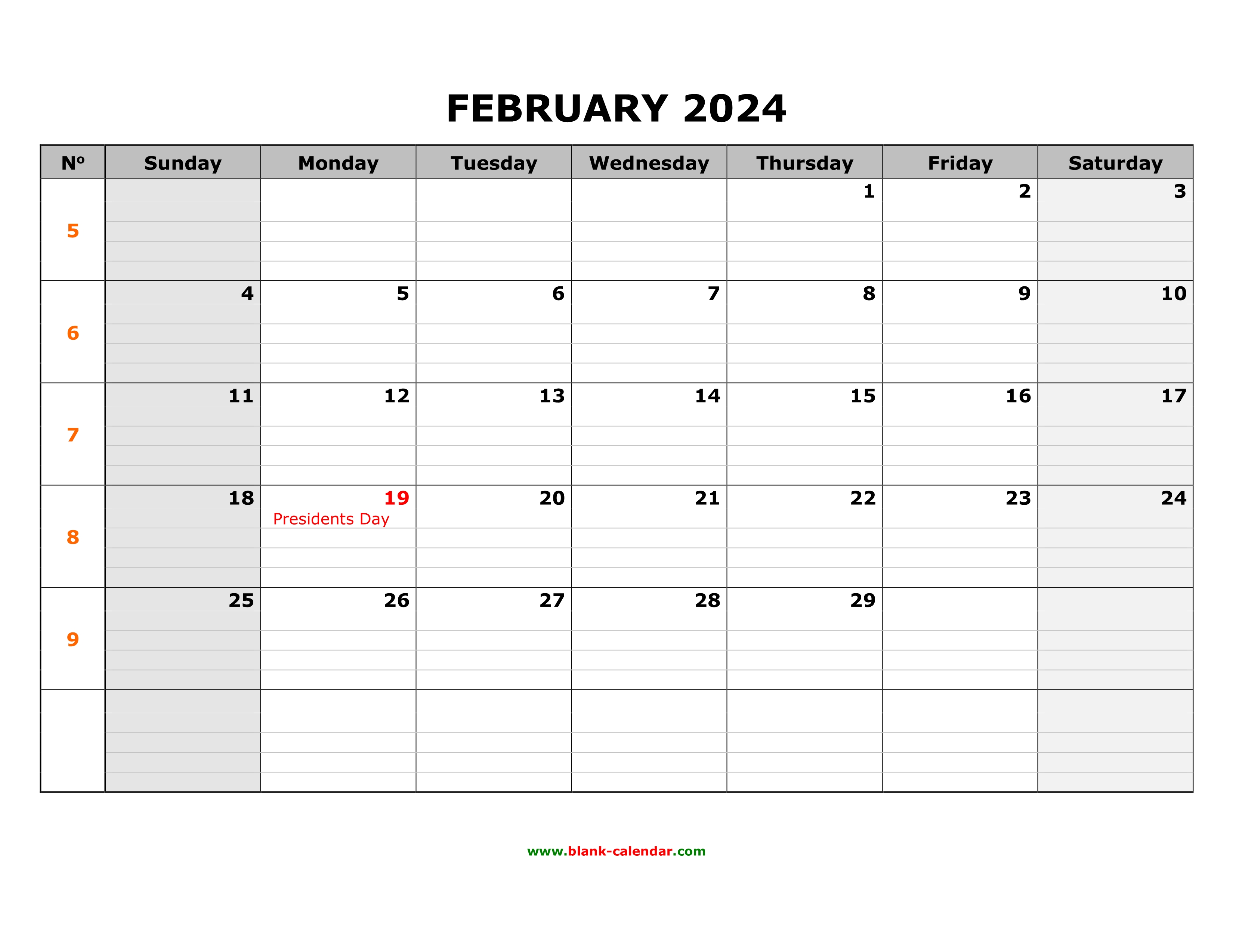 Free Download Printable February 2024 Calendar, large box grid, space