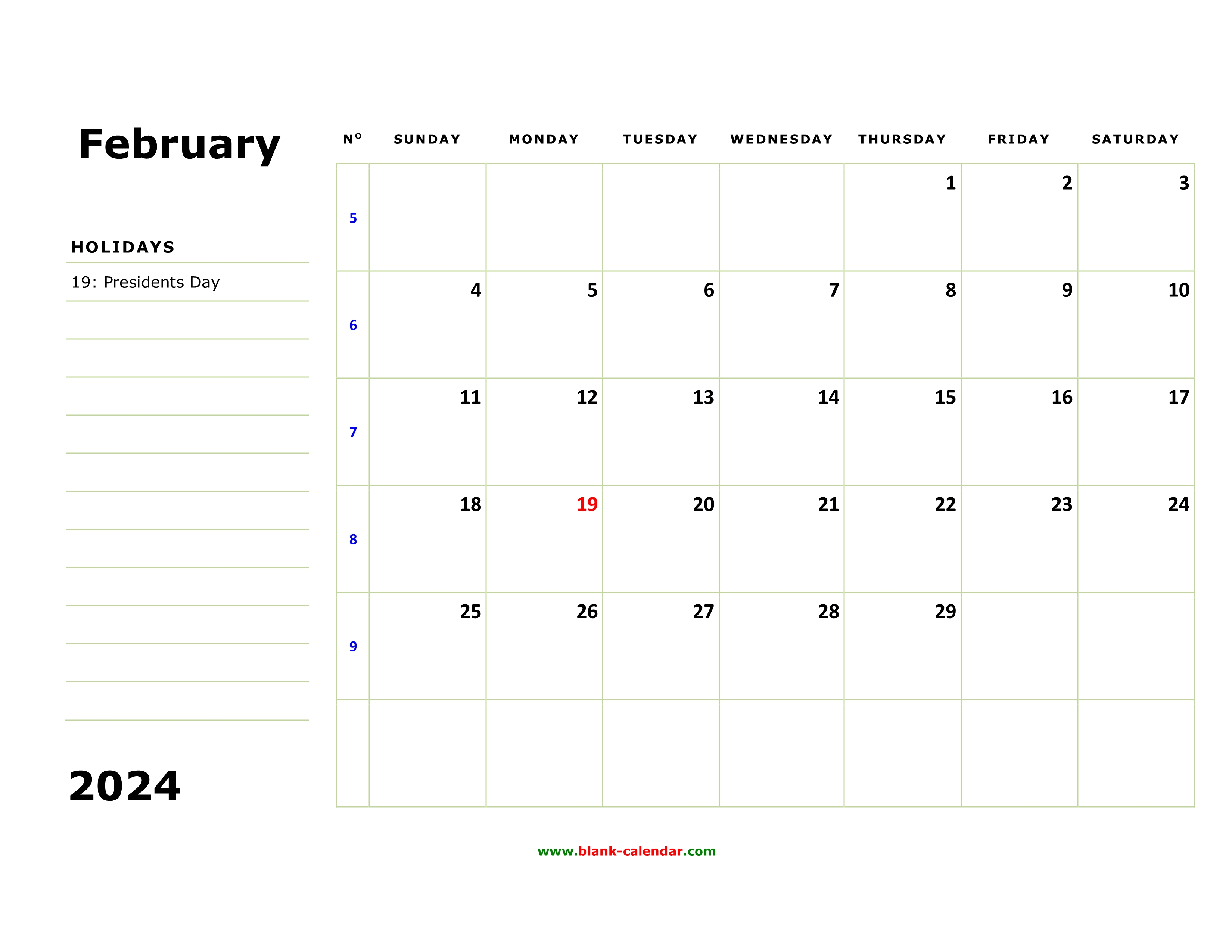 Free Download Printable February 2024 Calendar, large box, holidays