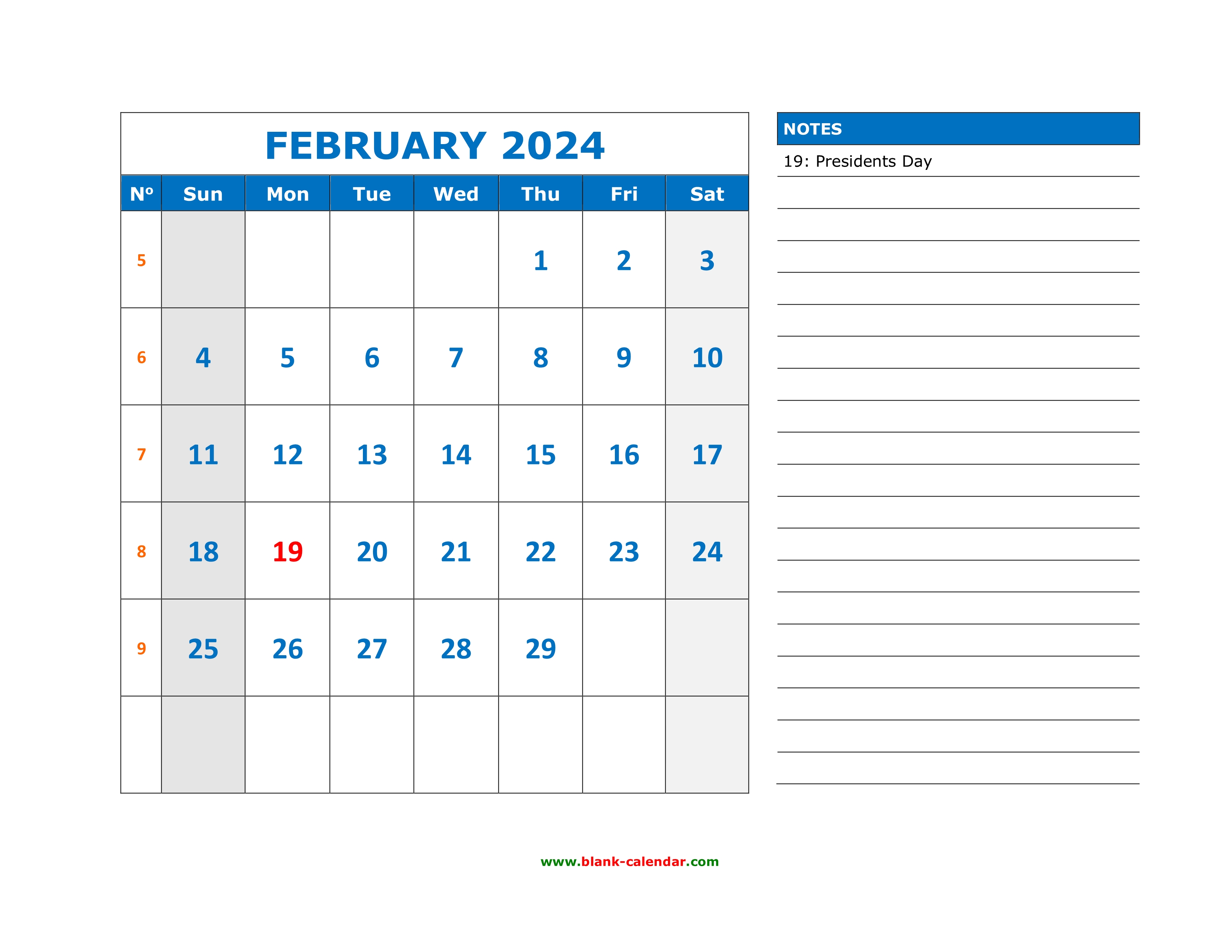 Free Download Printable February 2024 Calendar, large space for