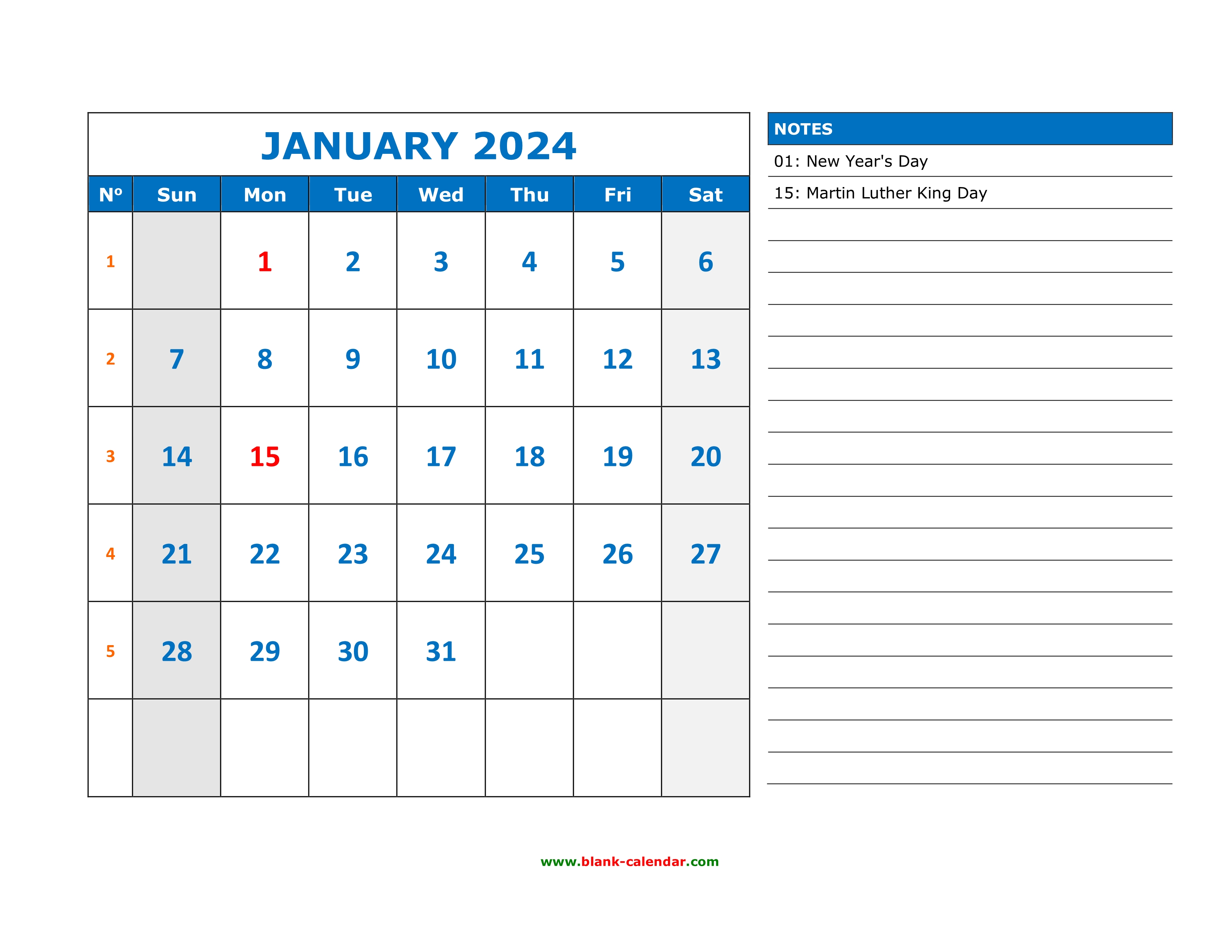 Free Download Printable January 2024 Calendar, large space for