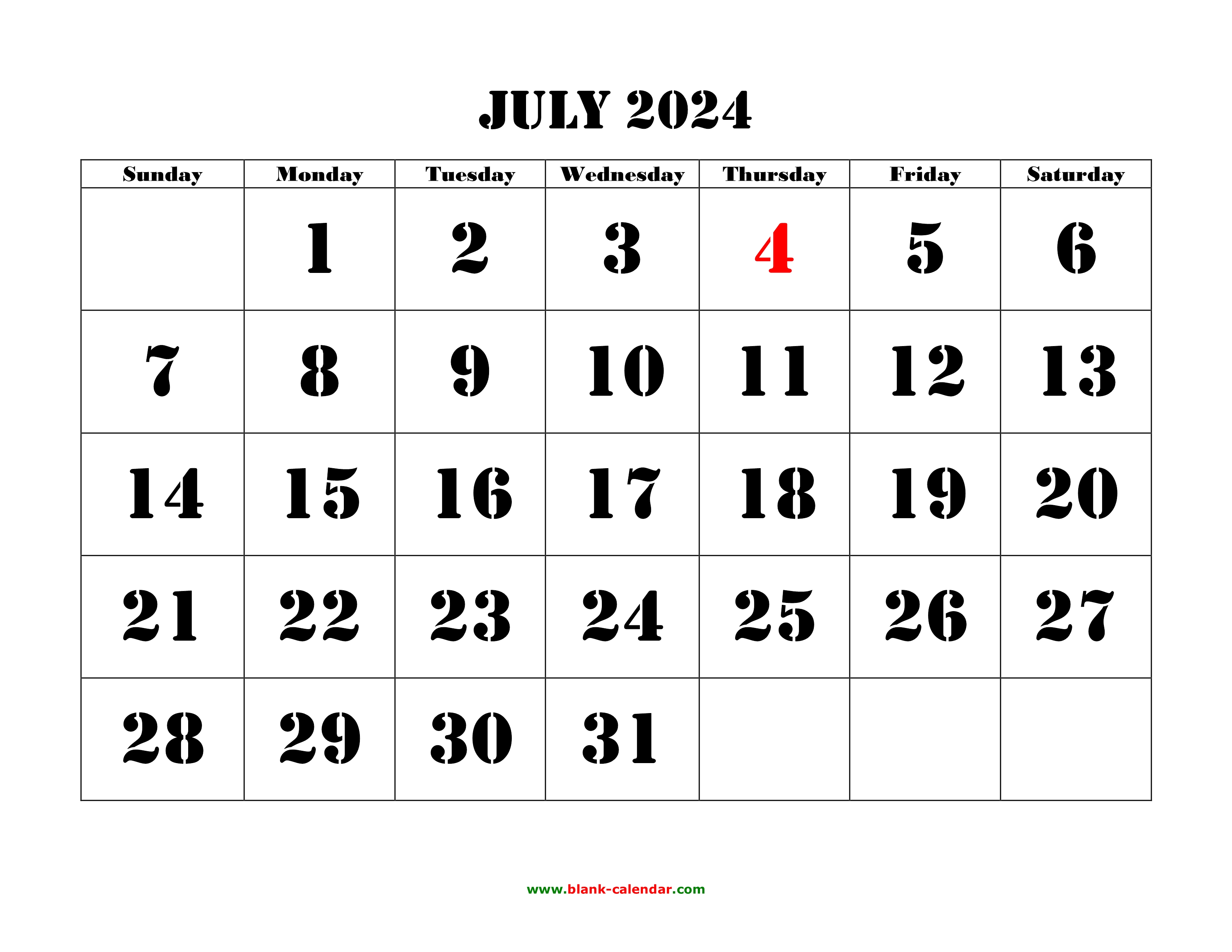 Free Download Printable July 2024 Calendar, large font design