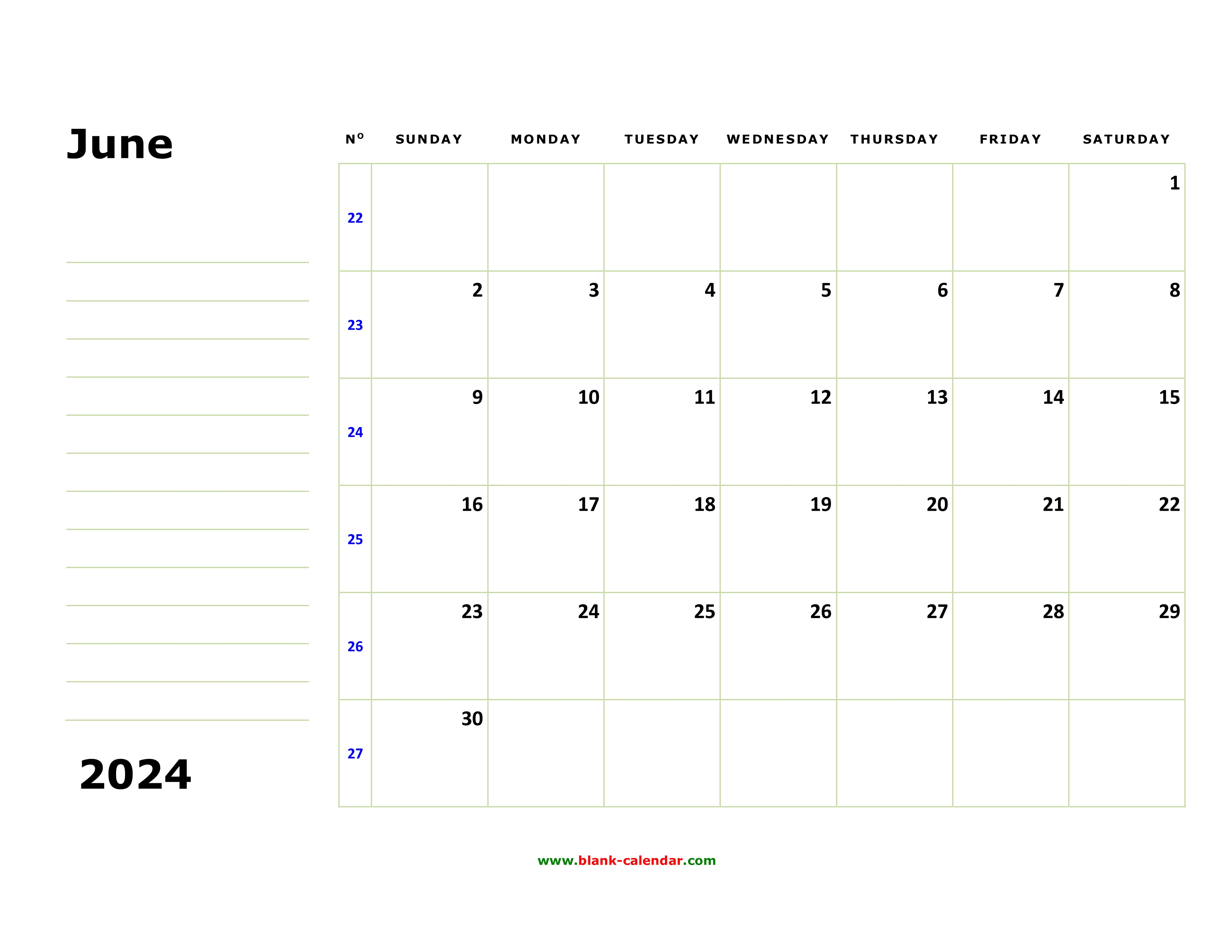 Free Download Printable June 2024 Calendar, large box, holidays listed