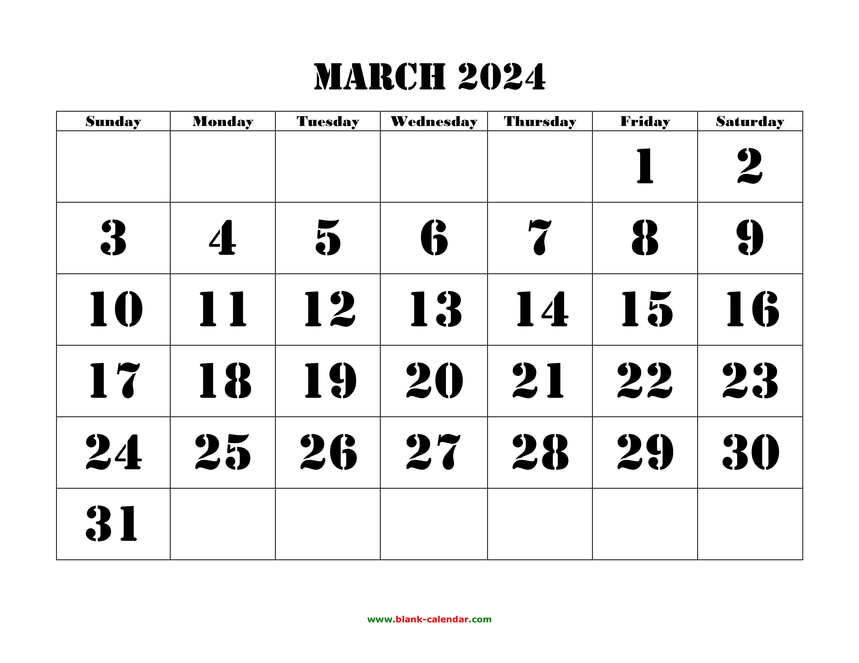 Free Download Printable March 2024 Calendar, large font design