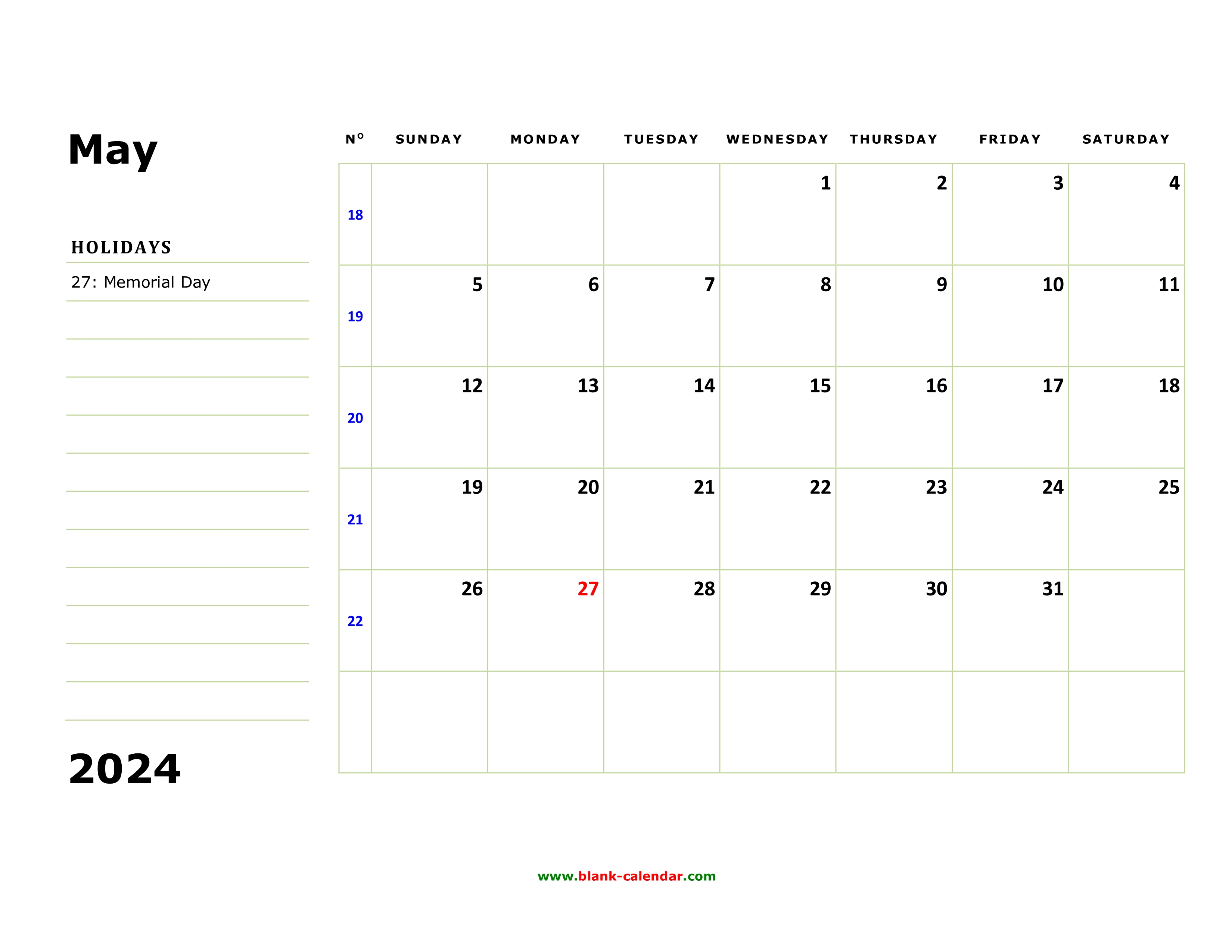 Free Download Printable May 2024 Calendar, large box, holidays listed