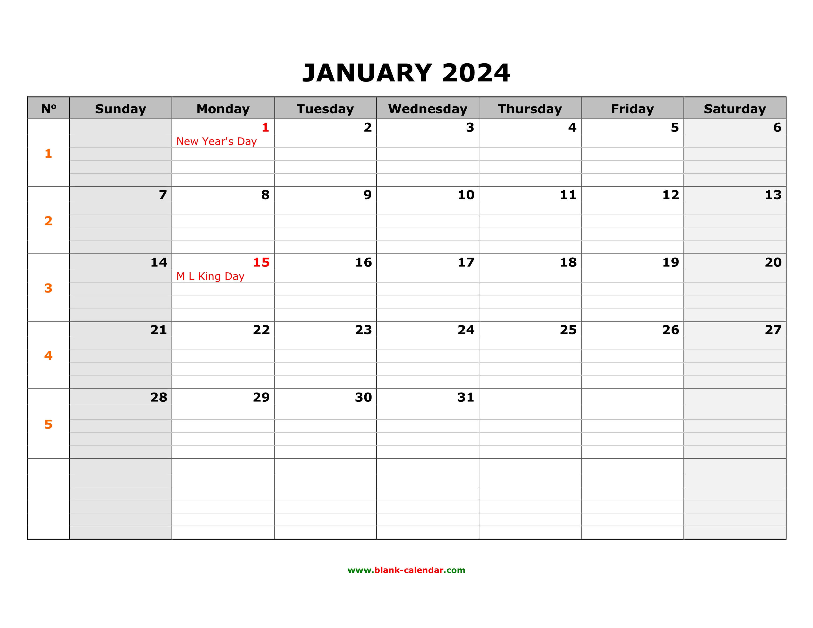 Free Download Printable Calendar 2024, large box grid, space for notes
