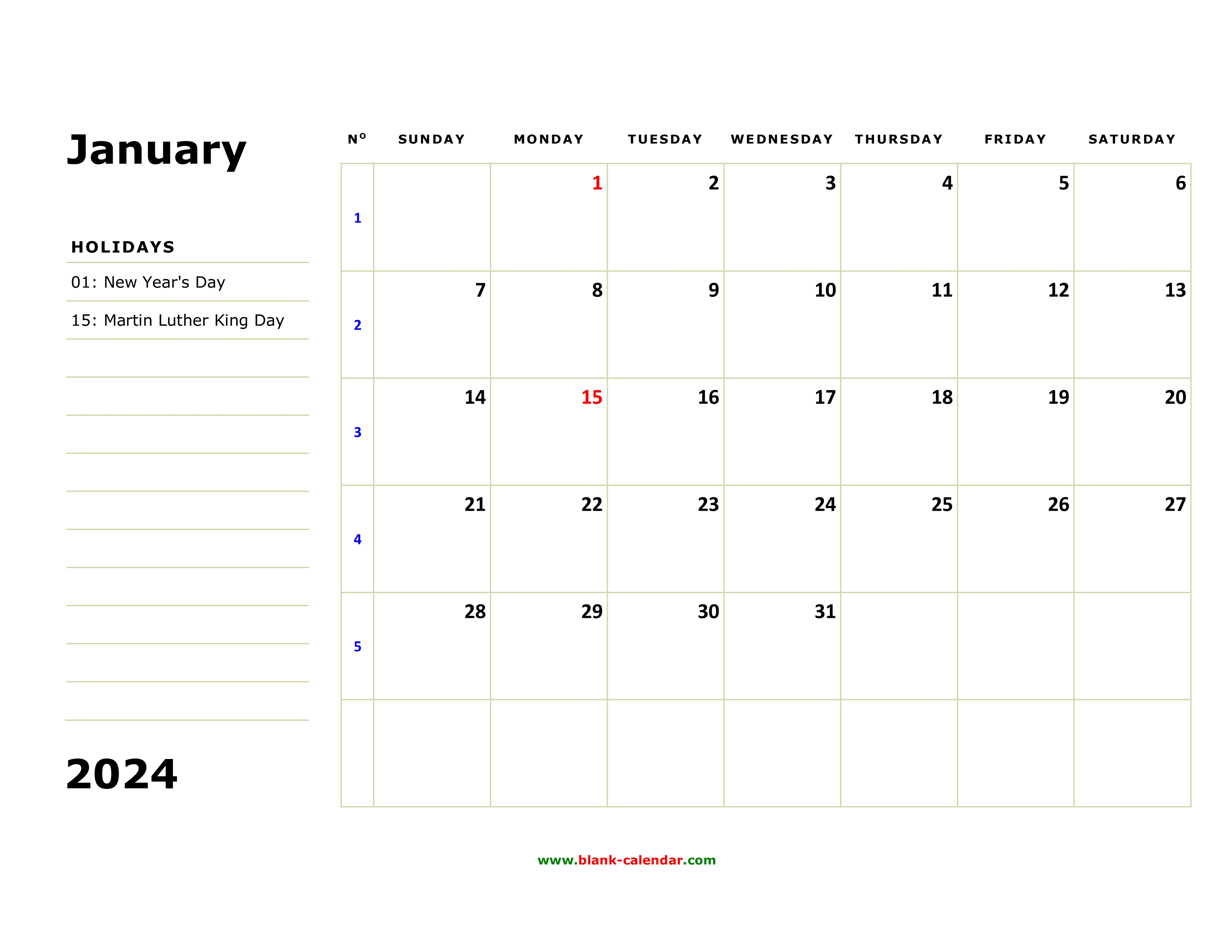 Free Download Printable Calendar 2024, large box, holidays listed