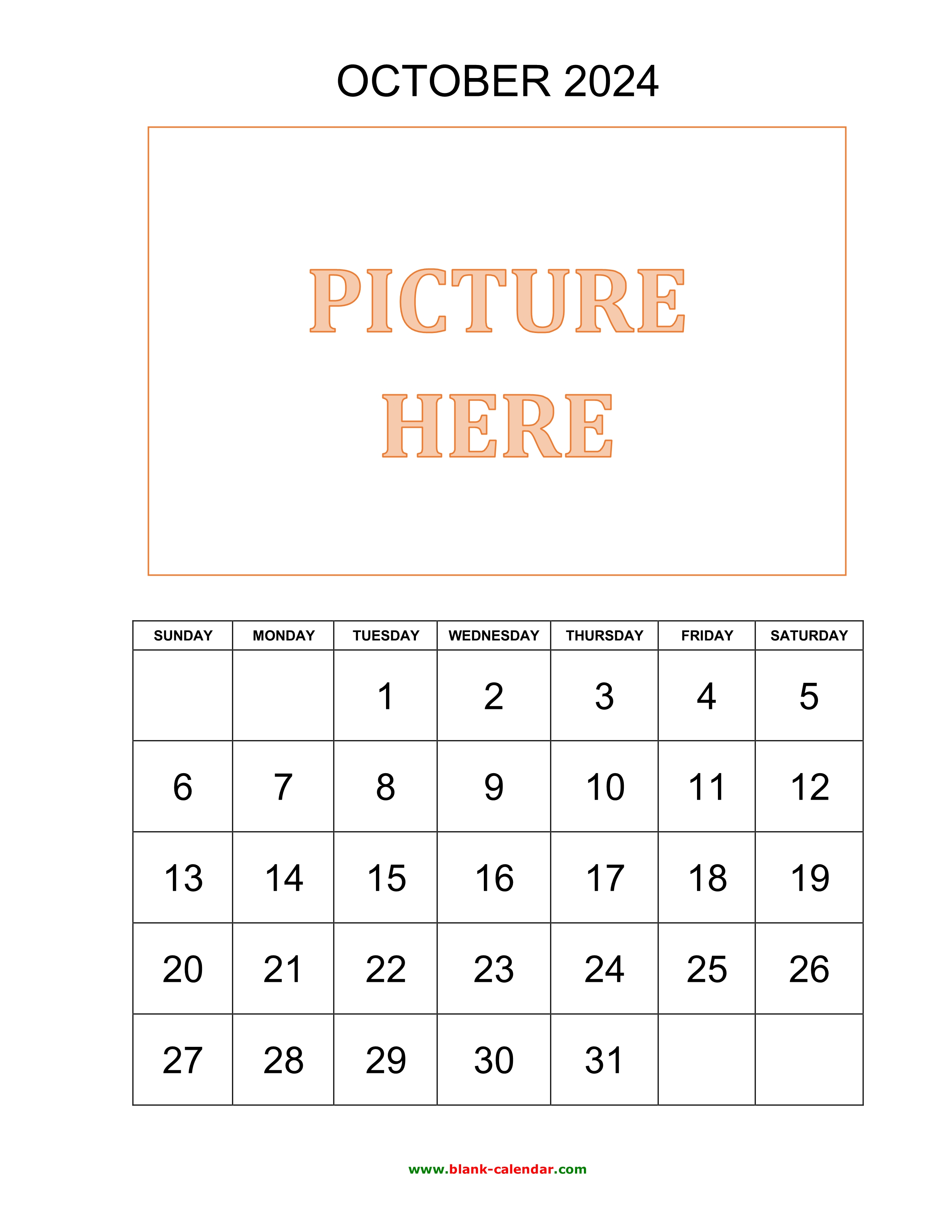 Free Download Printable October 2024 Calendar, pictures can be placed