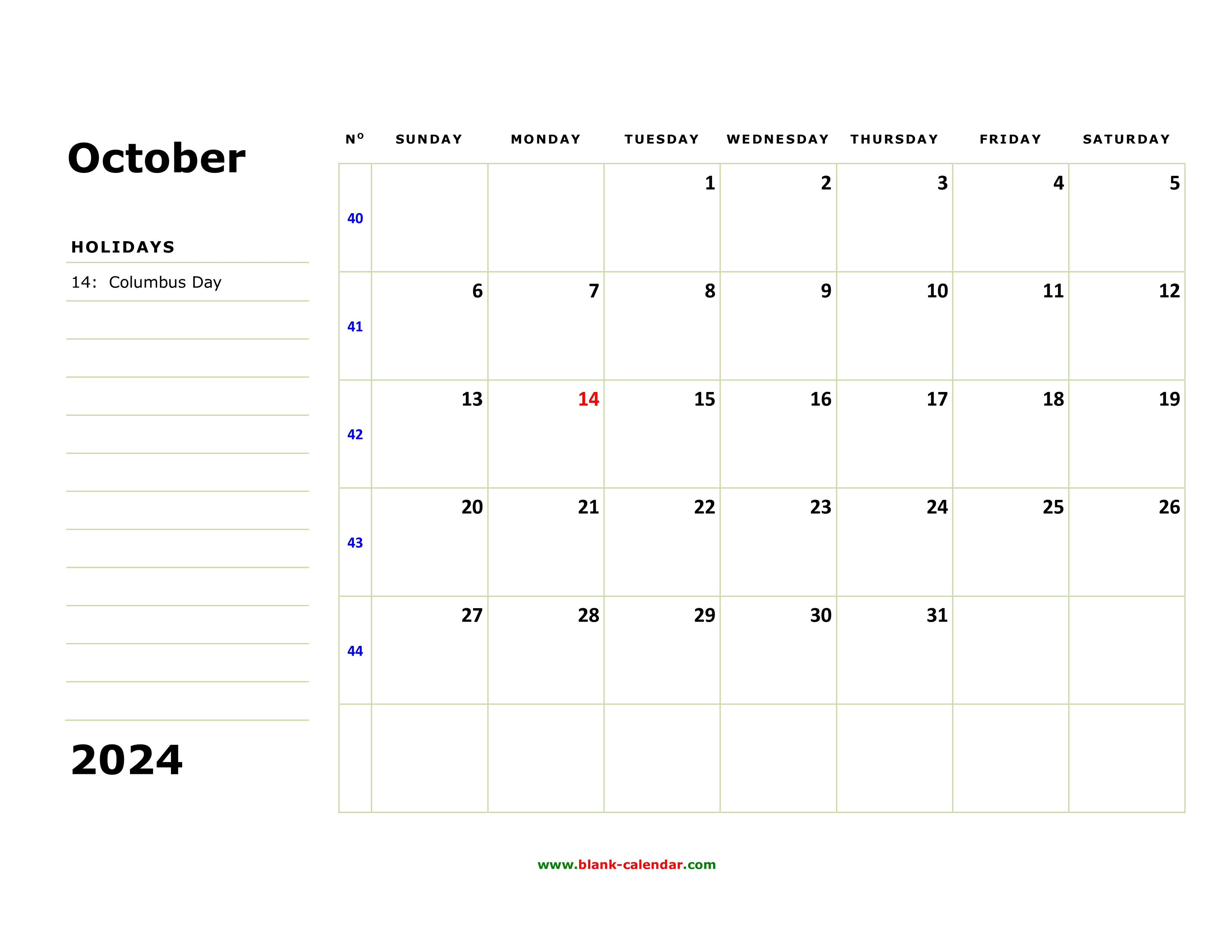 Free Download Printable October 2024 Calendar, large box, holidays