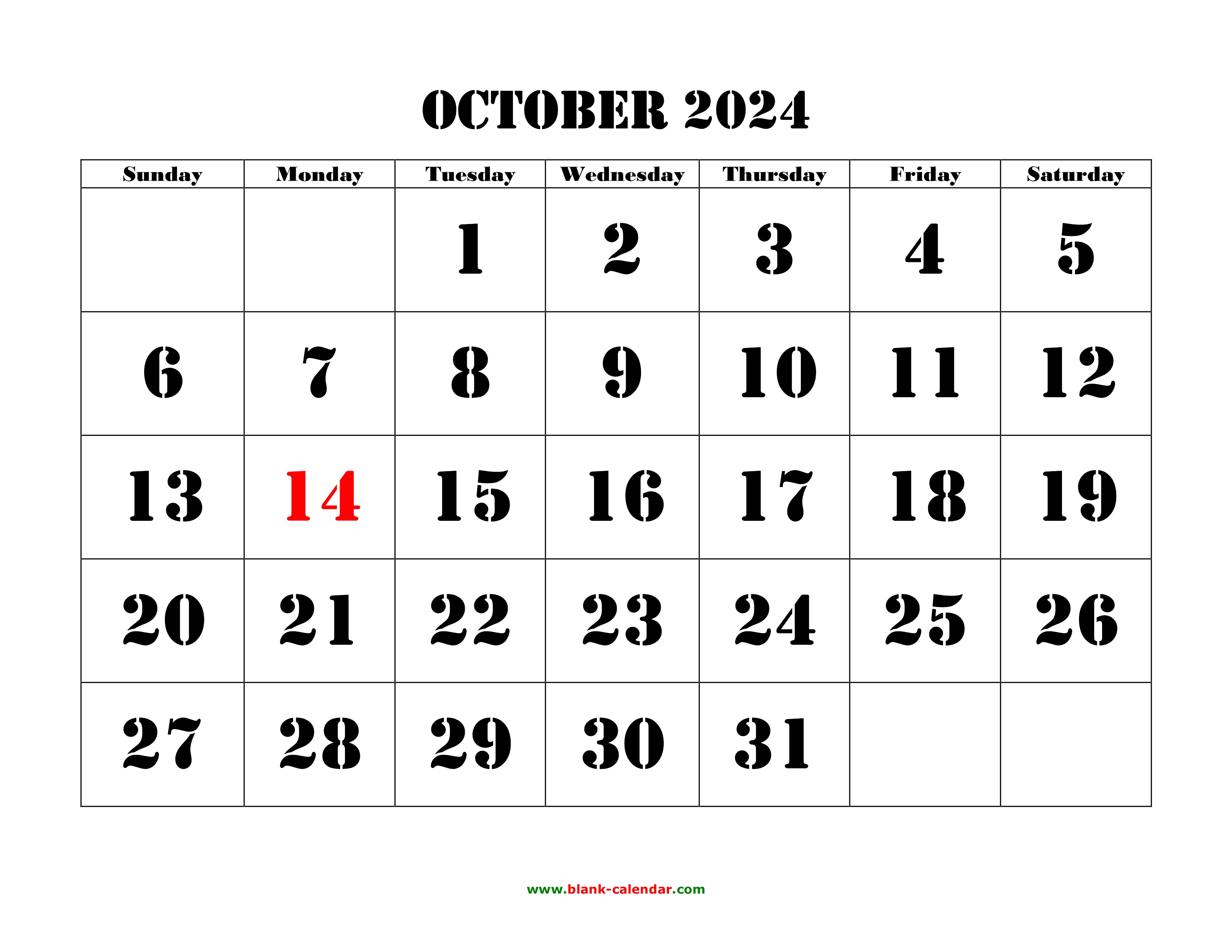 October 2024 Printable Calendar Free Download Monthly Calendar Templates