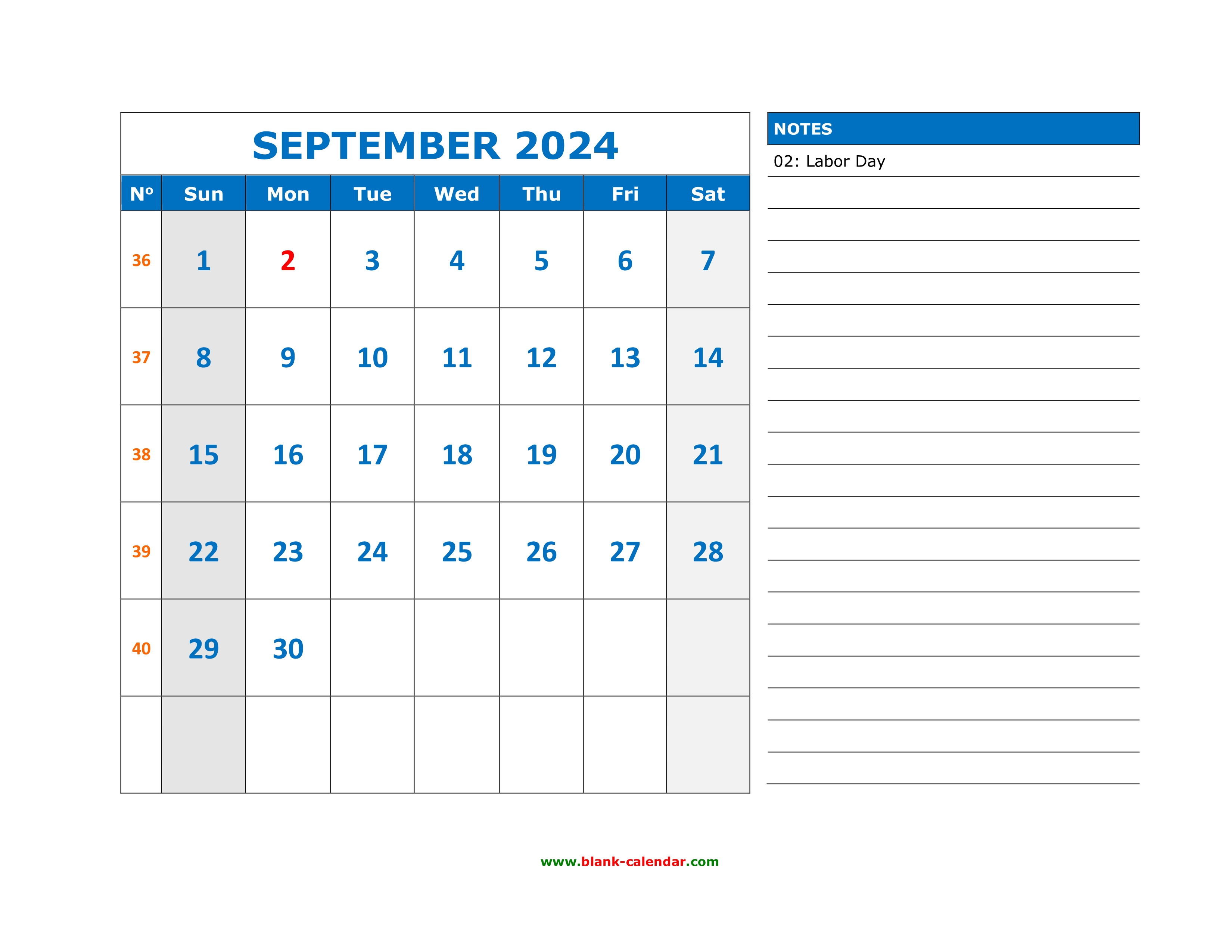 Free Download Printable September 2024 Calendar, large space for