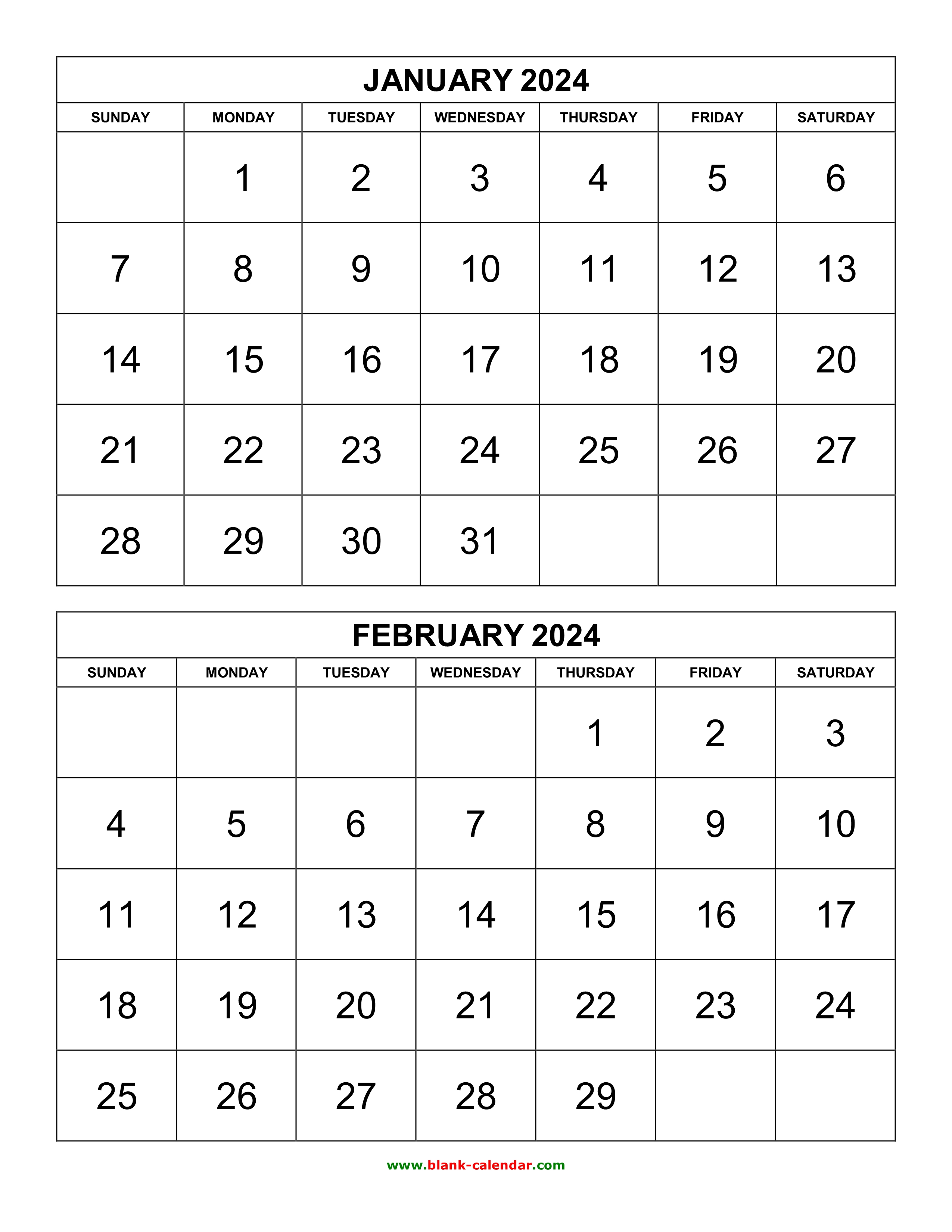 Free Download Printable Calendar 2024, 2 months per page, 6 pages