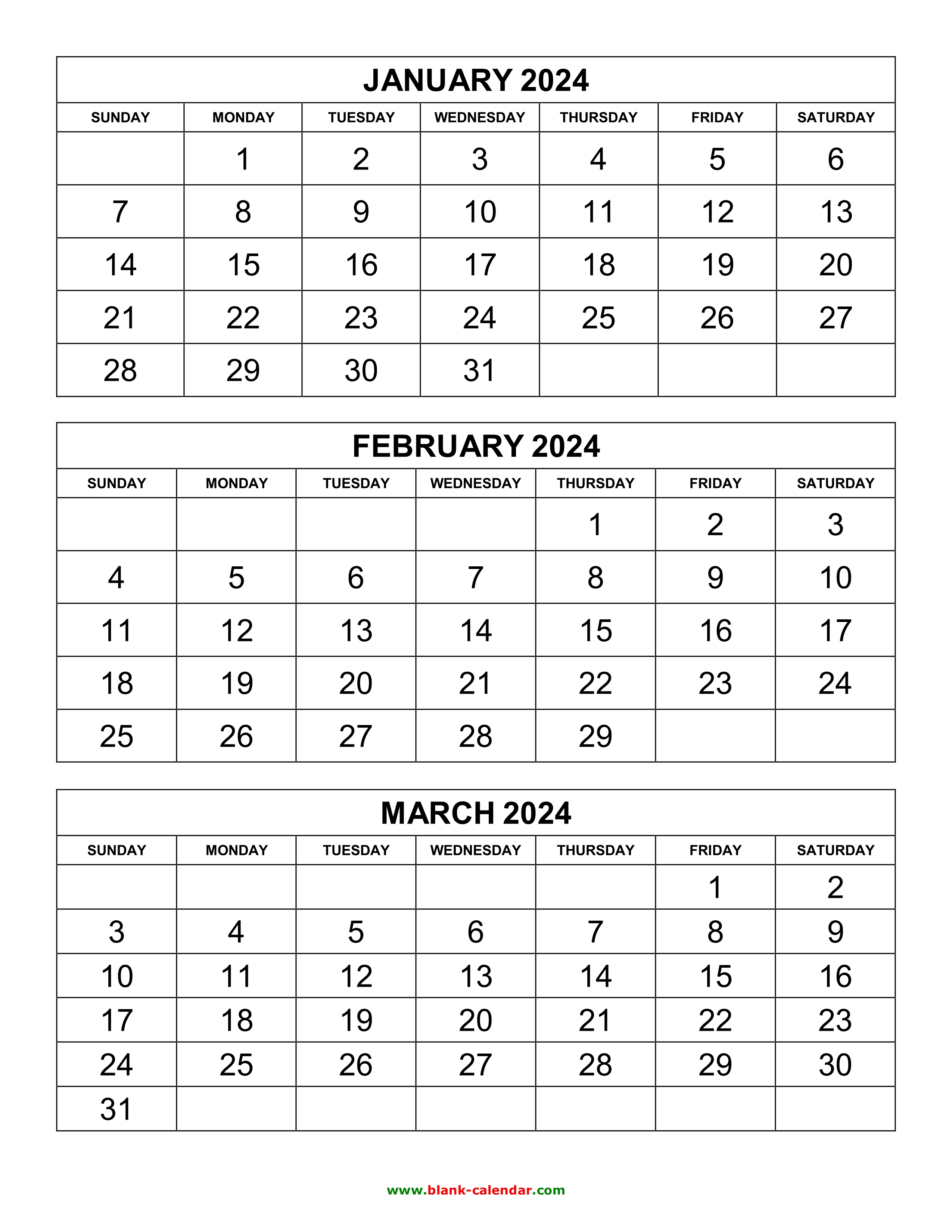 Free Download Printable Calendar 2024, 3 months per page, 4 pages ...