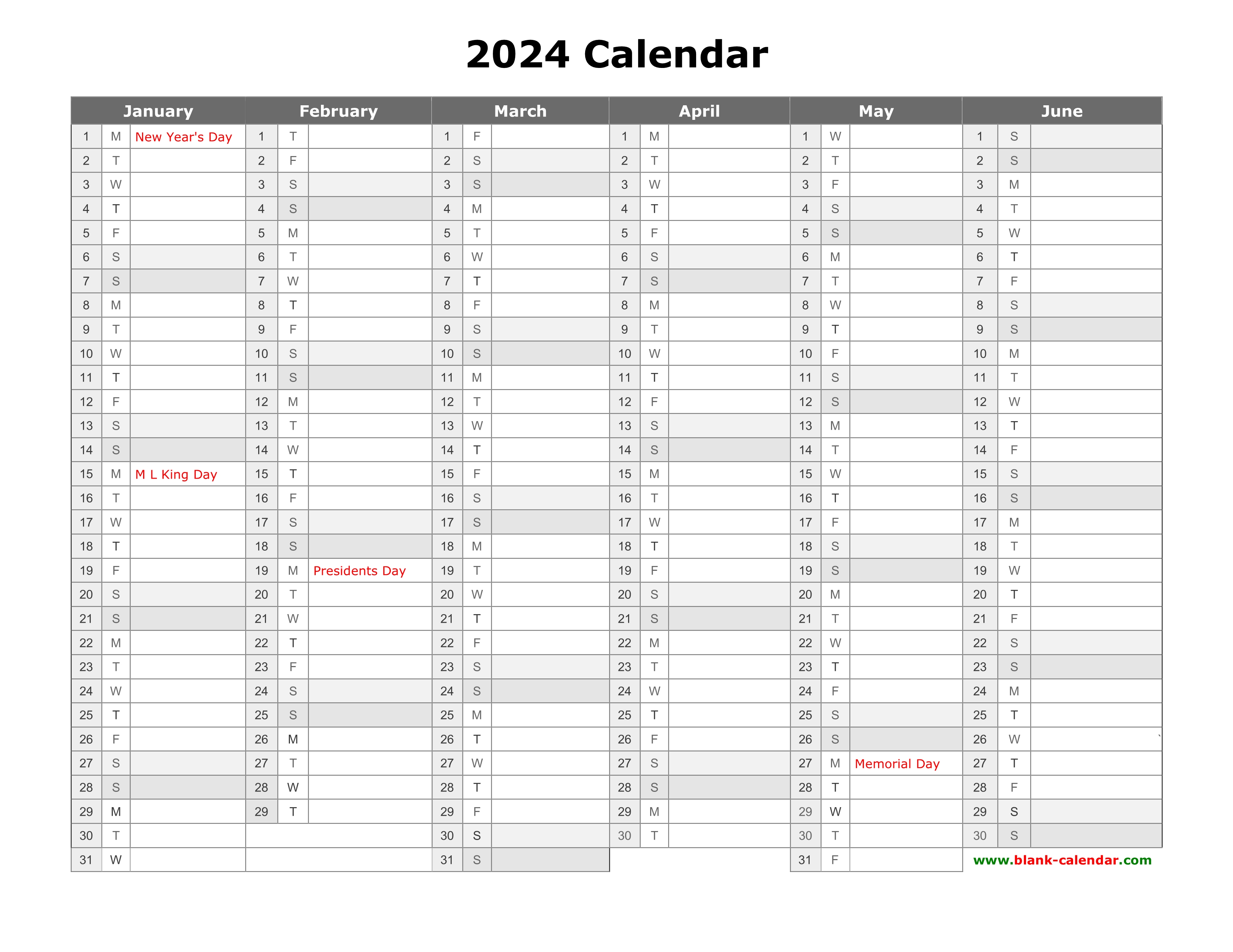 Free Download Printable Calendar 2024, month in a column, half a year
