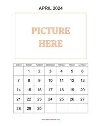 Printable April 2024 Calendar, pictures can be placed at the top (vertical)