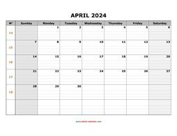 printable april 2024 calendar large box grid, space for notes