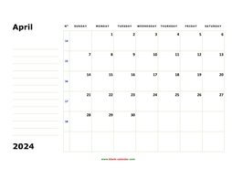 Printable April 2024 Calendar, large box, Federal Holidays listed, space for notes (horizontal)