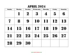 Printable April 2024 Calendar, large font design , holidays on red (horizontal)